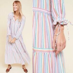 Warm Colonial Rainbow Stripe Cotton Button Front Midi Dress 0 XS